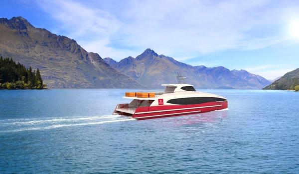 A concept image of the new Southern Discoveries Spirit of Queenstown catamaran on Lake Wakatipu.
